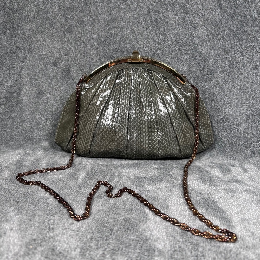 Ashneil 70s Disco Snakeskin Evening Bag Gray Gold Frame Rope Chain Purse w Pouch - Picture 3 of 16